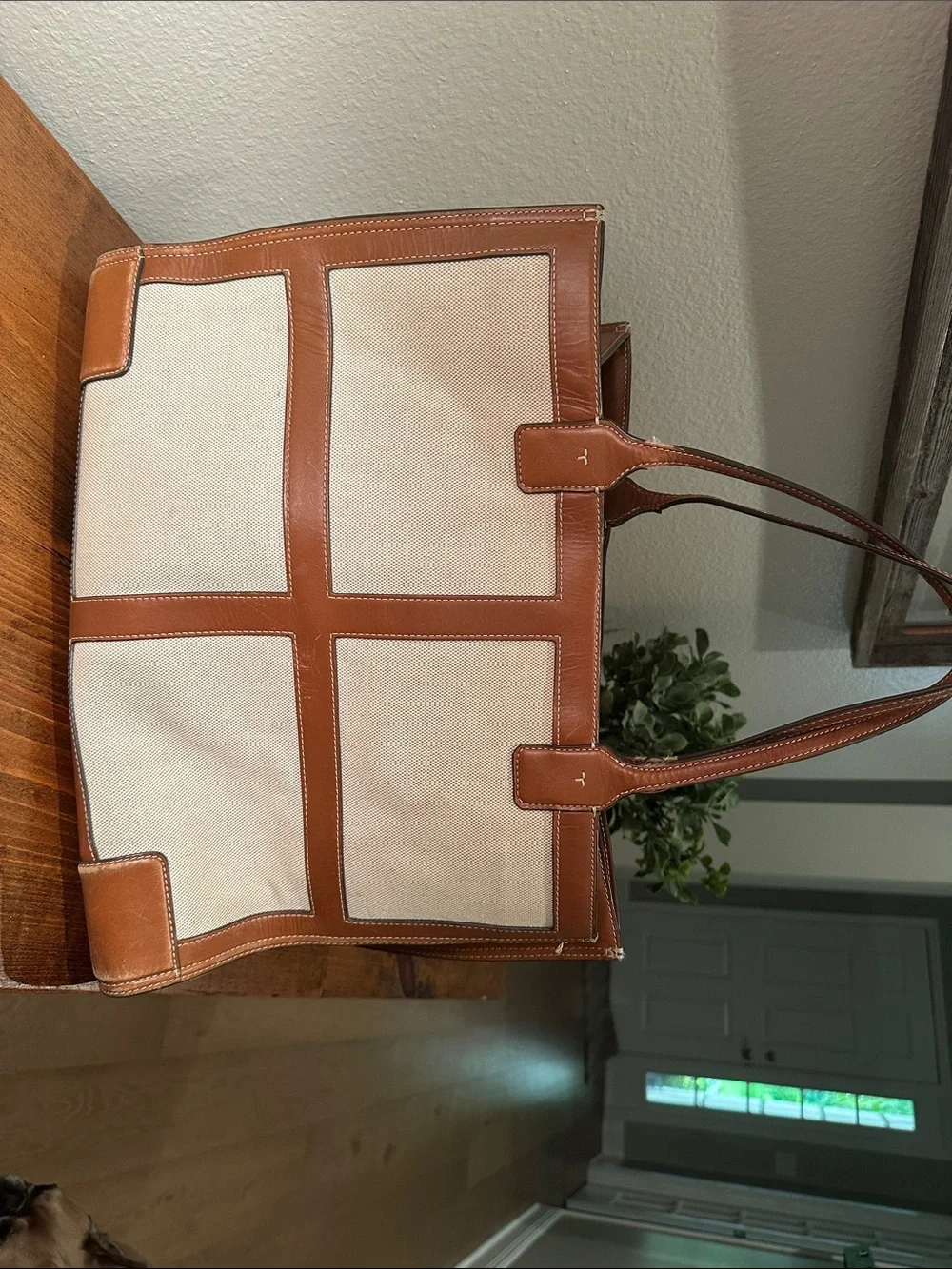 Tory Burch Cream Canvas Tote with Tan Leather Trim